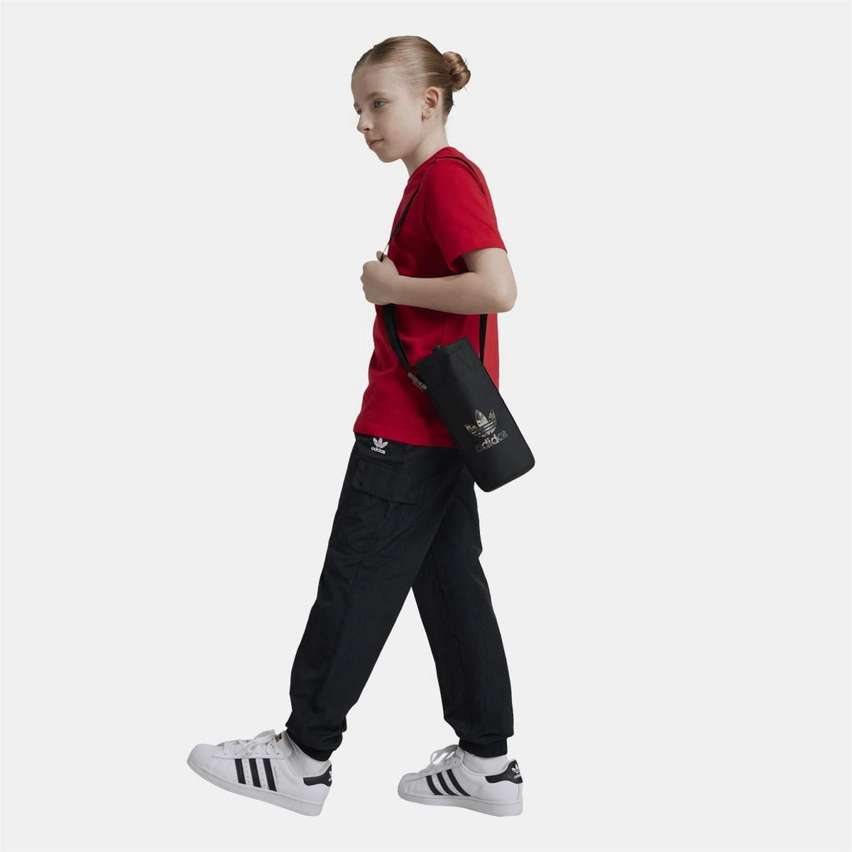 Black cargo track pants with elastic waist and roomy straight-leg fit