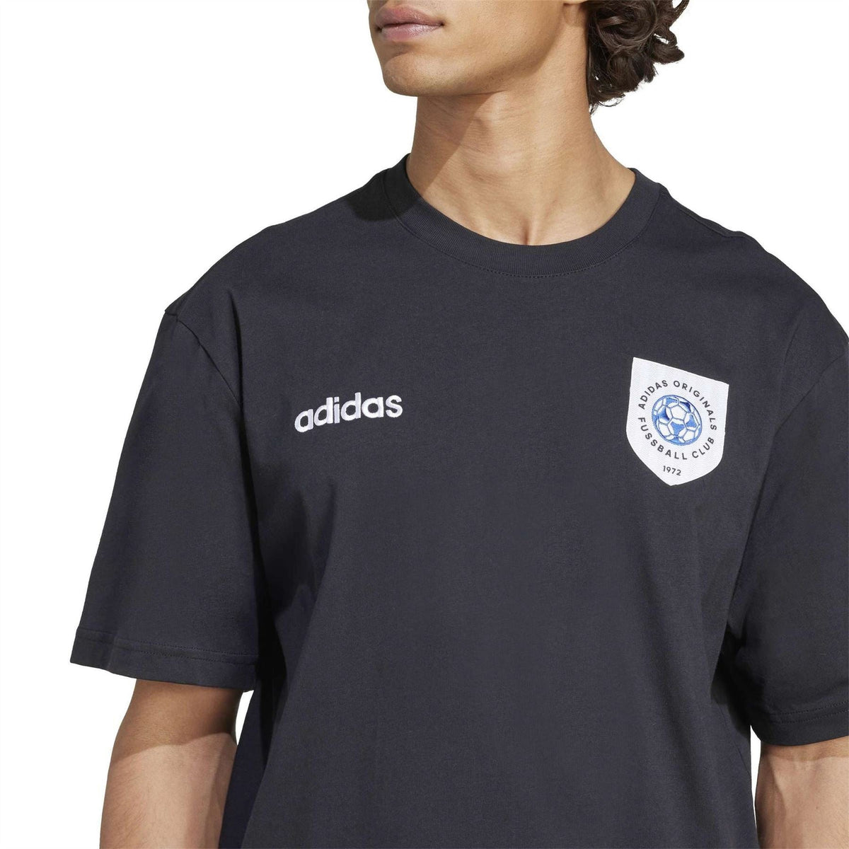 Black crew neck adidas T-shirt with wordmark and round club crest on chest