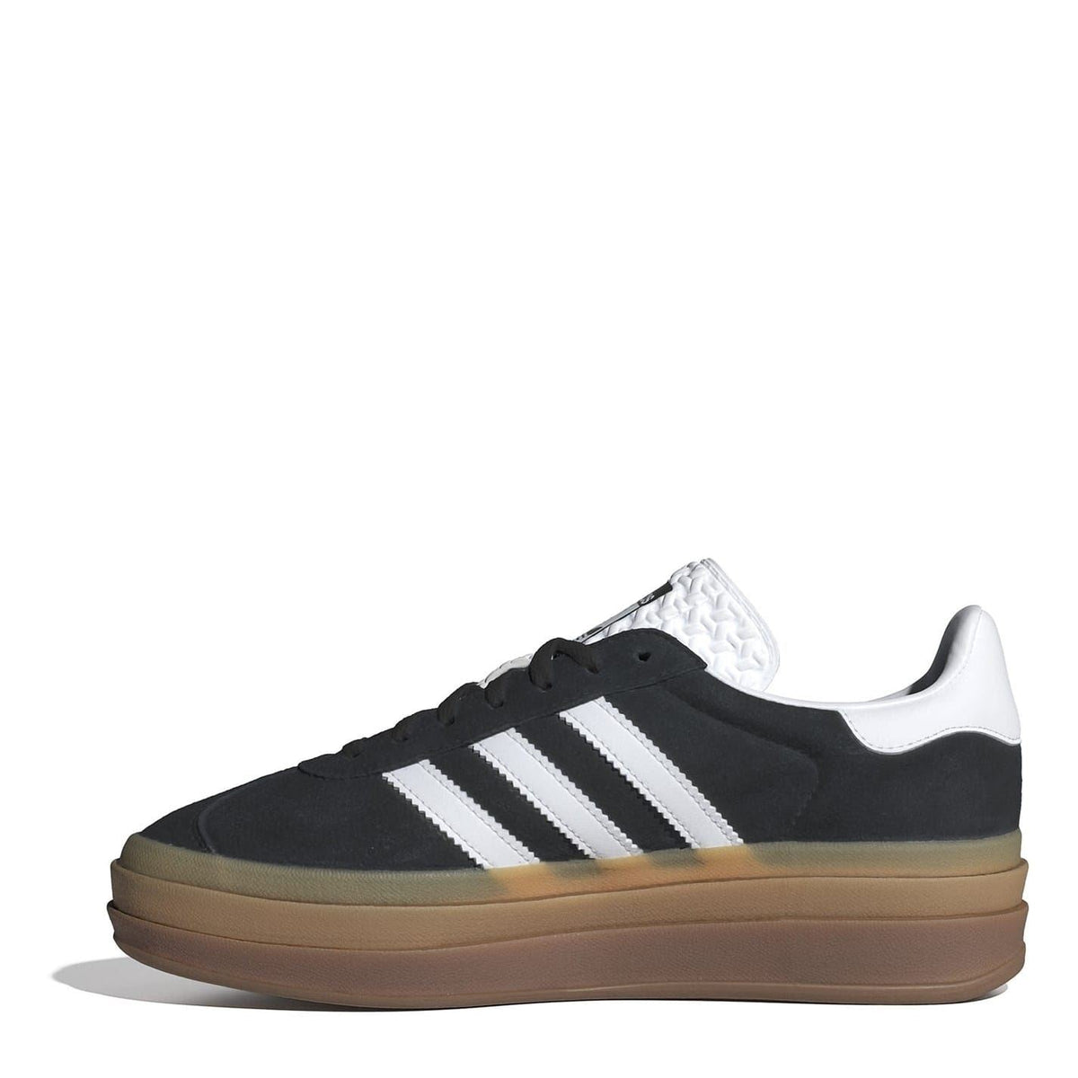 Black low-top sneakers with white stripes, lace-up front, gum sole