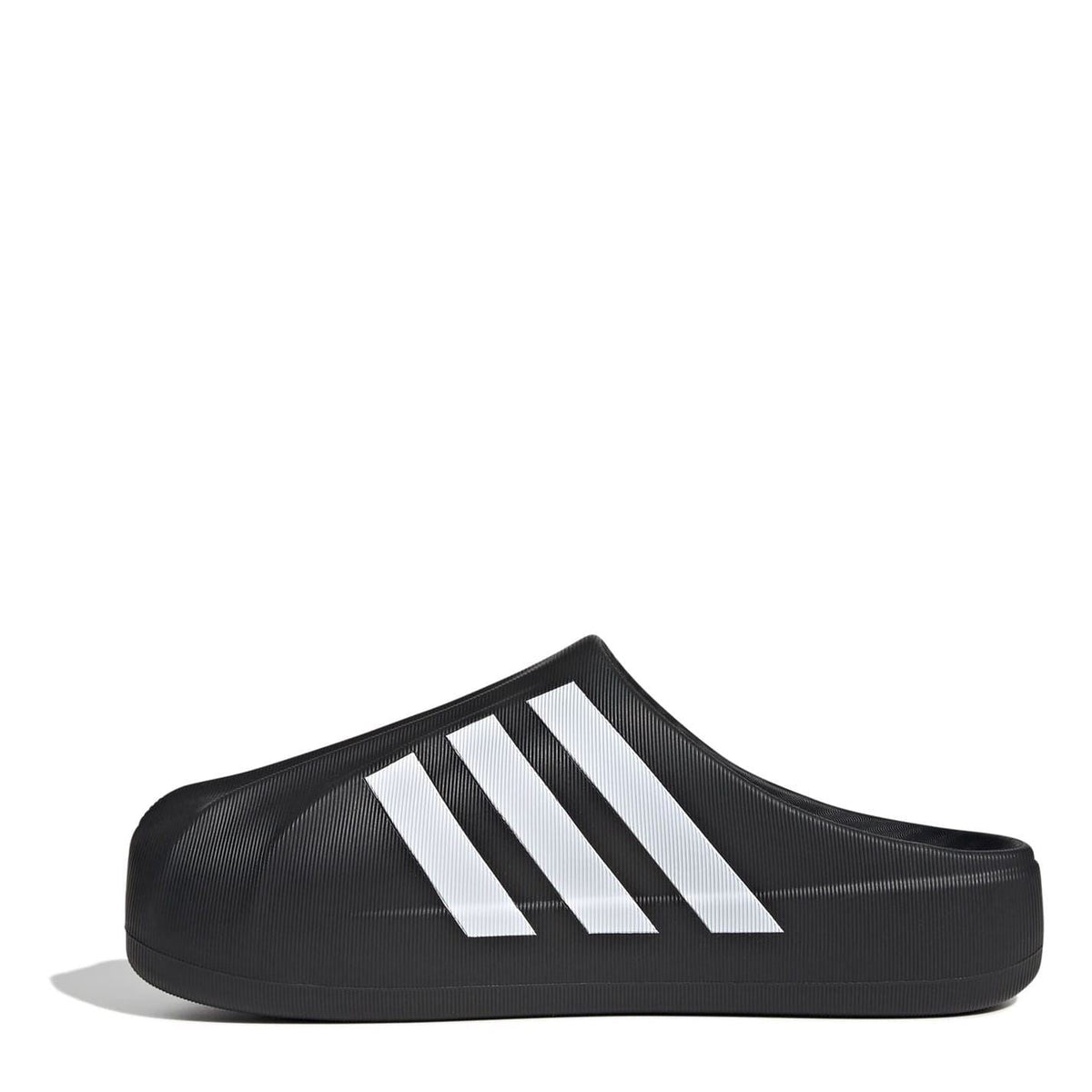 adidas Originals Superstar Three Stripes slippers featuring white and black slip-on footwear with iconic three-stripe design