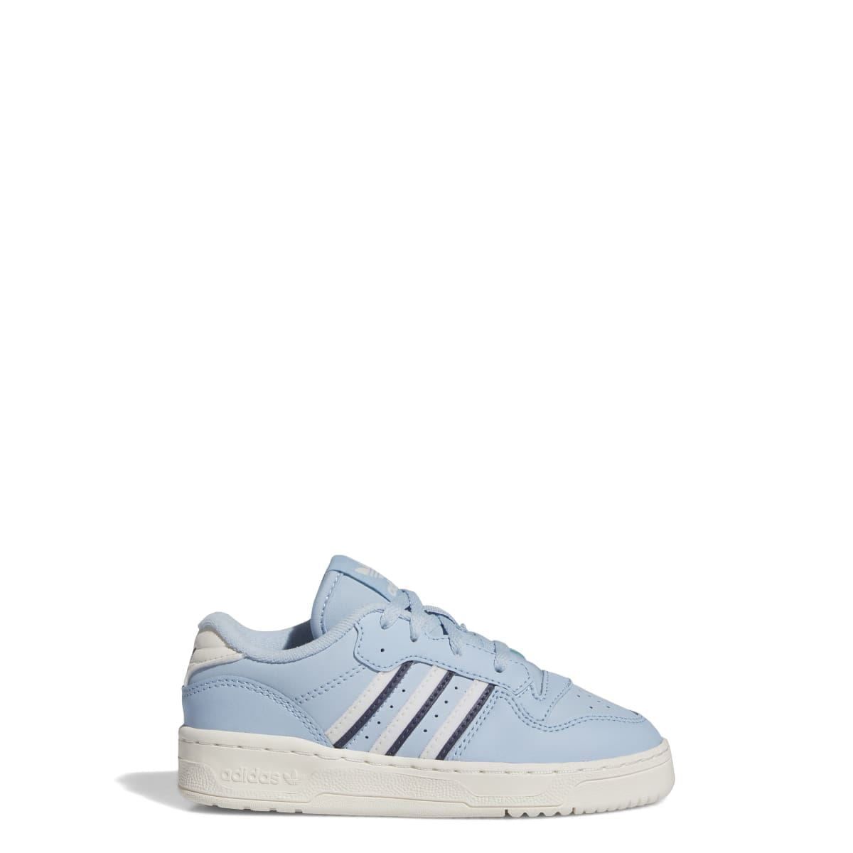 Kids' light blue low-top trainers, side view with three stripe detail