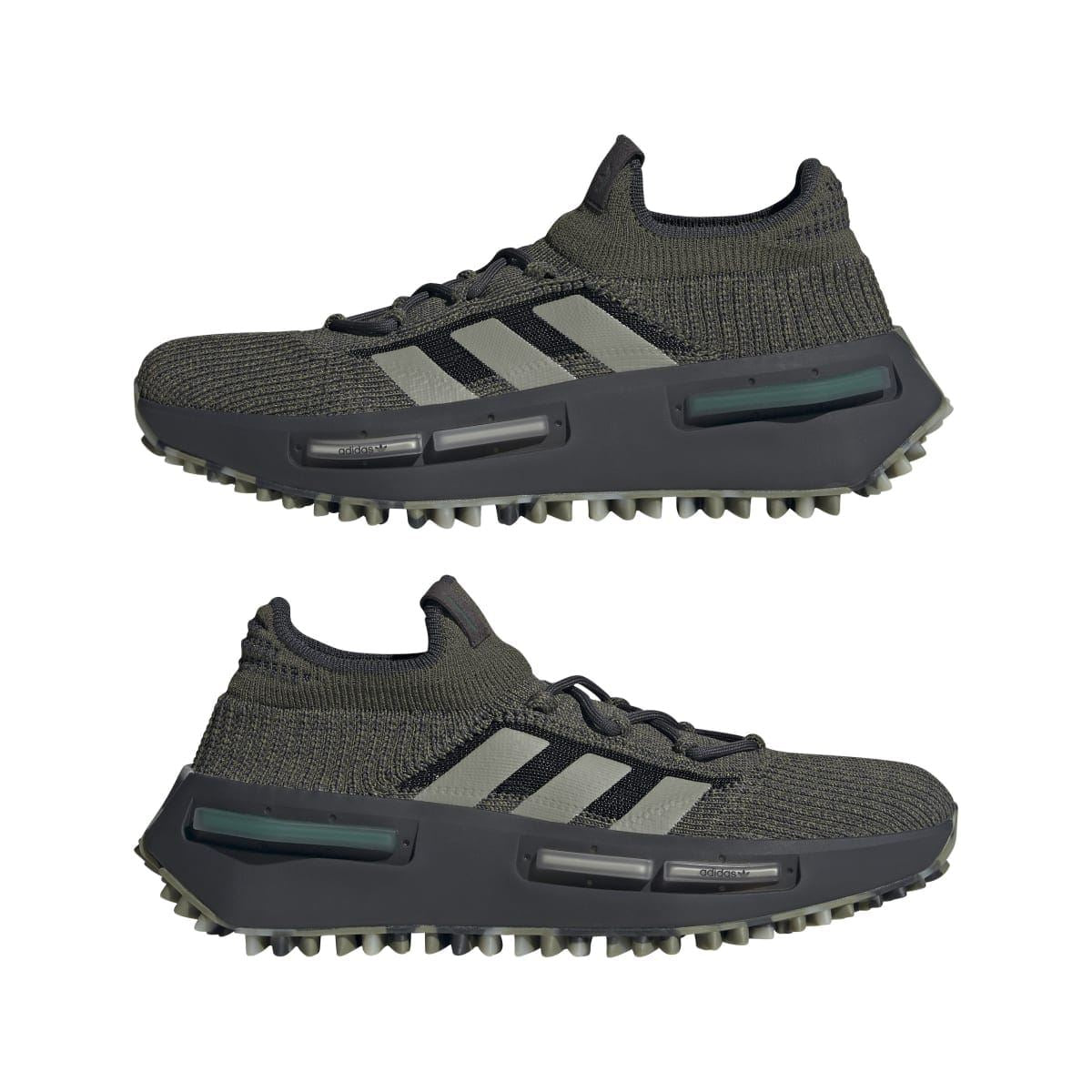Pair of dark olive adidas NMD_S1 trainers with black laces and teal midsole windows