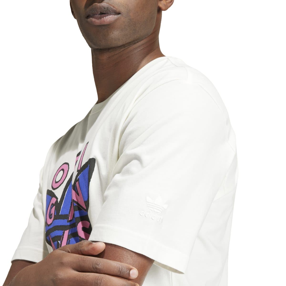 Off-white T-shirt sleeve with small adidas Originals logo detail