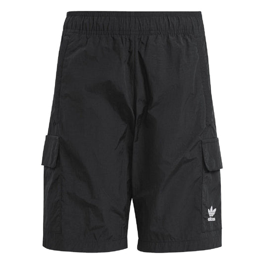 adidas Originals black cargo shorts with elastic waistband and side flap pockets