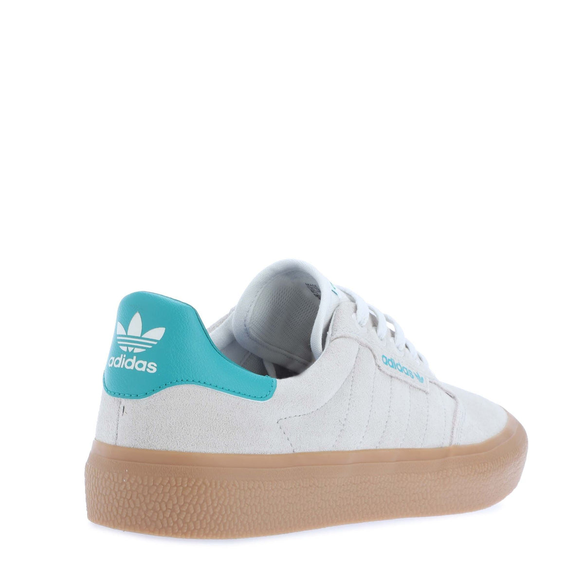 White low-top adidas 3MC trainers with teal side panel and lace-up, gum rubber sole