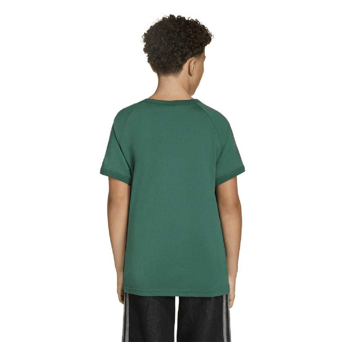 Kids dark green adidas Originals T-shirt back view with crew neck and shoulder stripes
