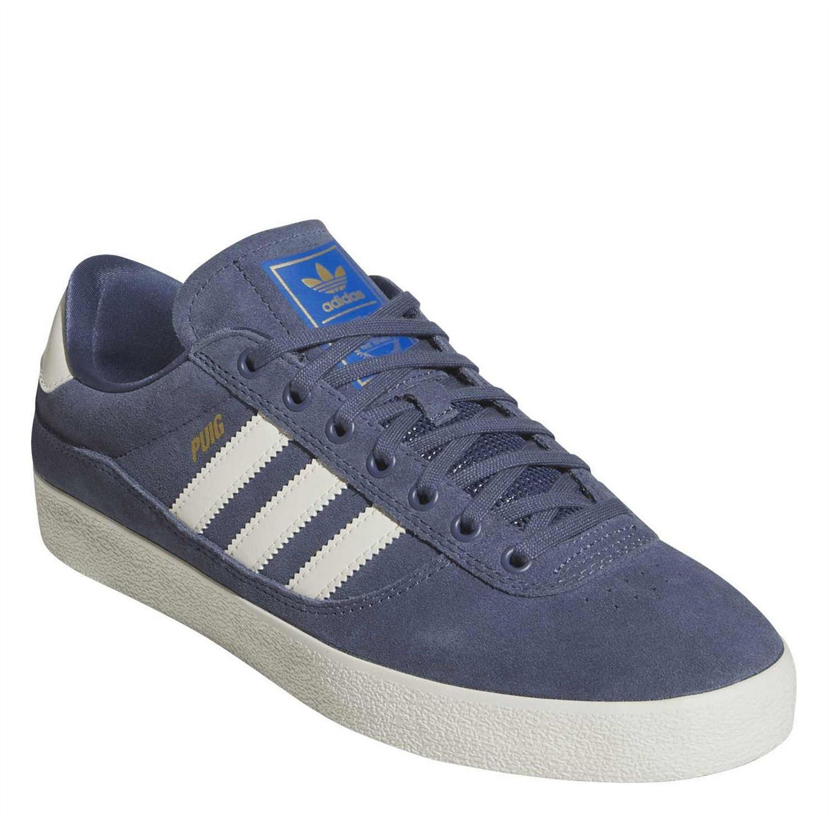 Navy suede indoor trainers with PUIG side lettering and adidas tongue label