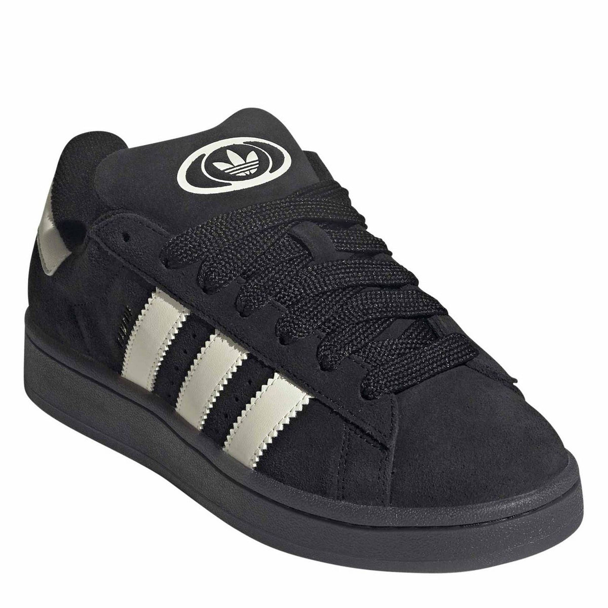 Black Adidas Originals sneaker with embroidered tongue logo and textured lace-up