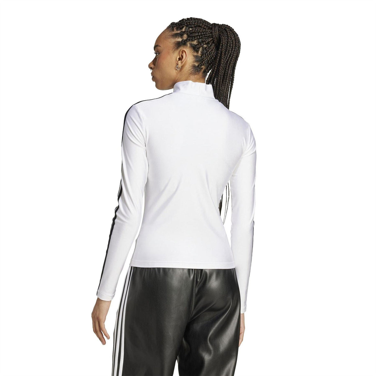 White mock neck long-sleeve T-shirt with black stripe detailing on the back