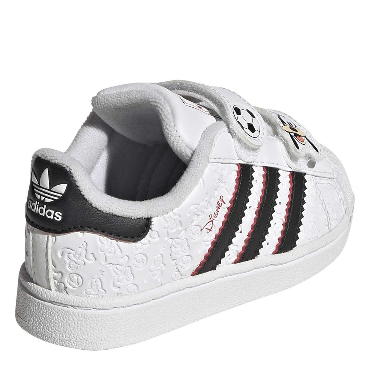 Infants white sneakers with adidas logo on heel, black collar, and Mickey soccer side graphic