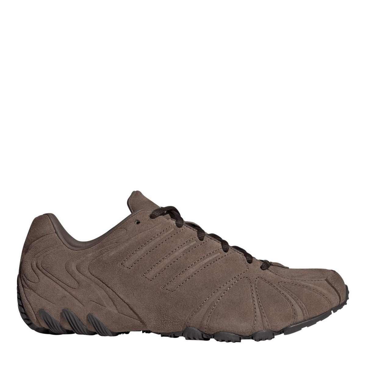 Brown lace-up running shoes with textured upper and chunky rubber tread sole