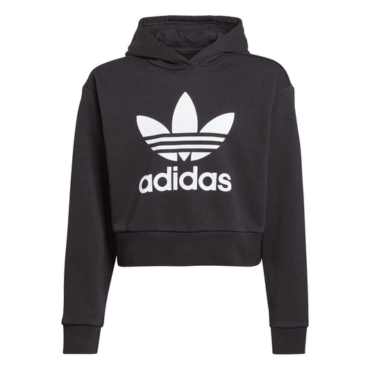 Juniors cropped black hoodie with adidas trefoil logo print and kangaroo pocket.