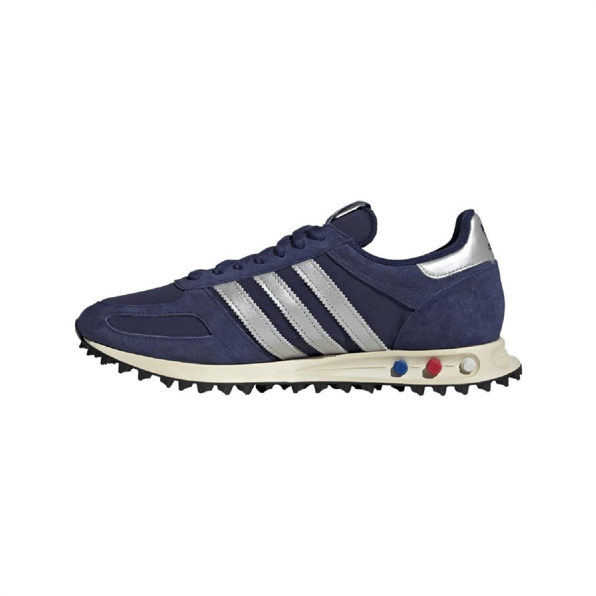 Dark blue adidas lace-up sneakers with white stripes, beige sole and colorful heel plugs