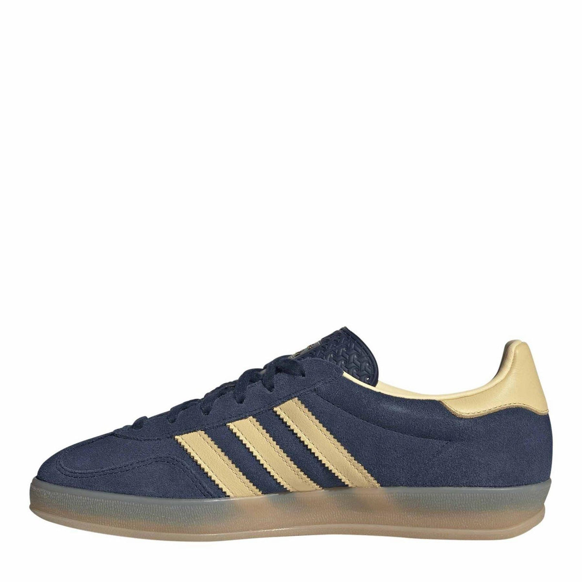 Navy adidas Gazelle sneakers, front three-stripe design and cream heel lining