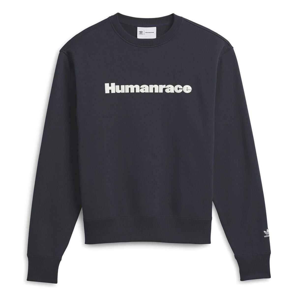 Dark navy crewneck sweatshirt with front “Humanrace” graphic logo, relaxed fit.