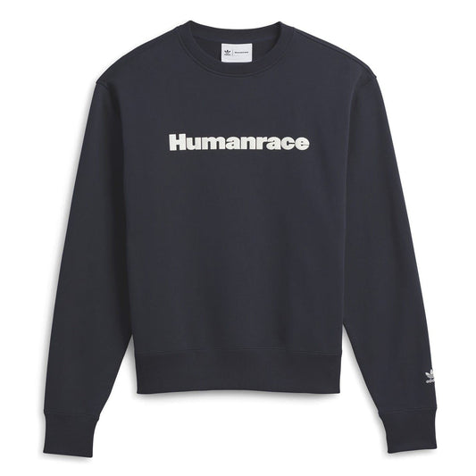 Dark navy crewneck sweatshirt with front “Humanrace” graphic logo, relaxed fit.