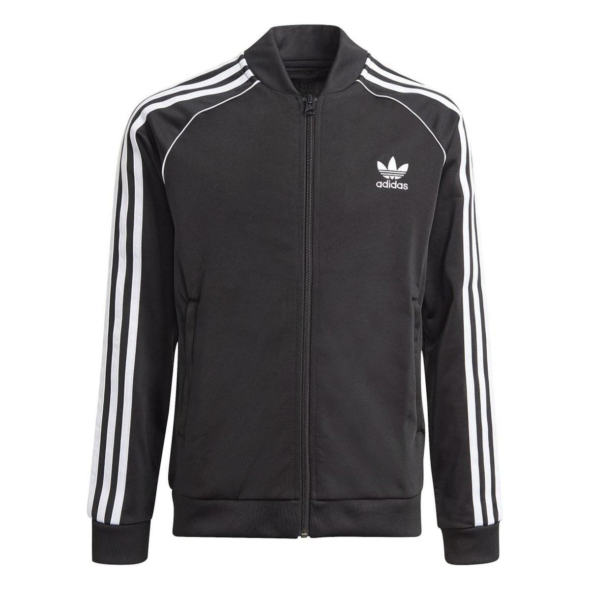 Black adidas Originals track jacket with white three stripe sleeves, full-zip stand collar