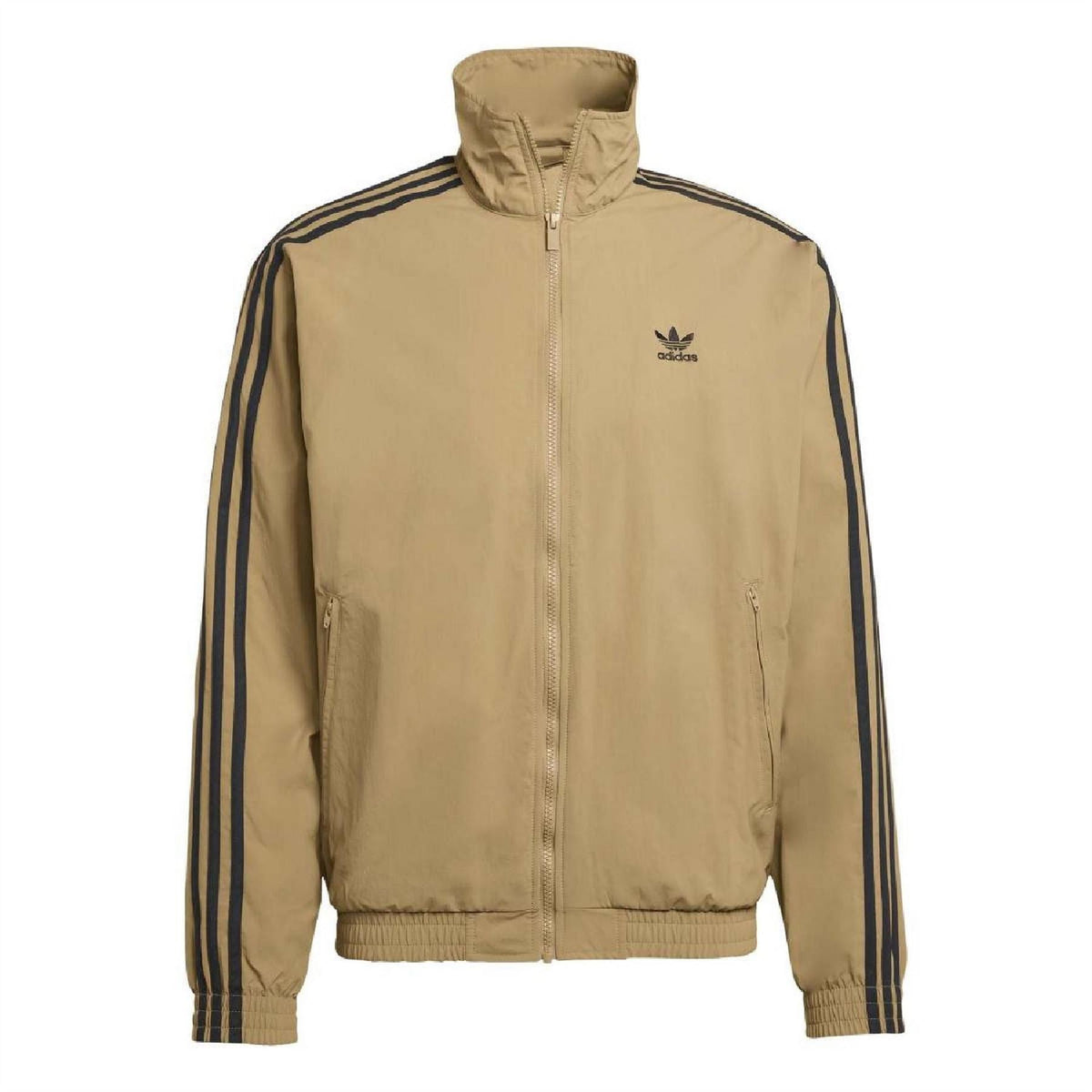 Tan track top with high neck, full zip, long sleeves, and navy side stripes.
