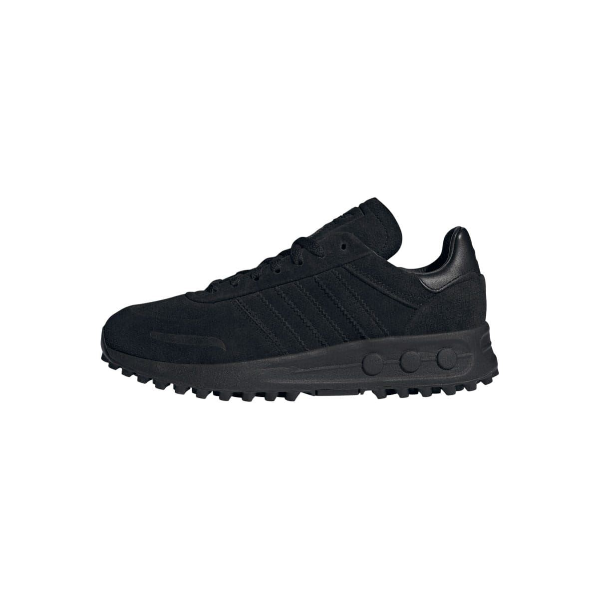 adidas Originals LA Trainer XLG sneakers showing side view with white and black colorway and classic athletic design