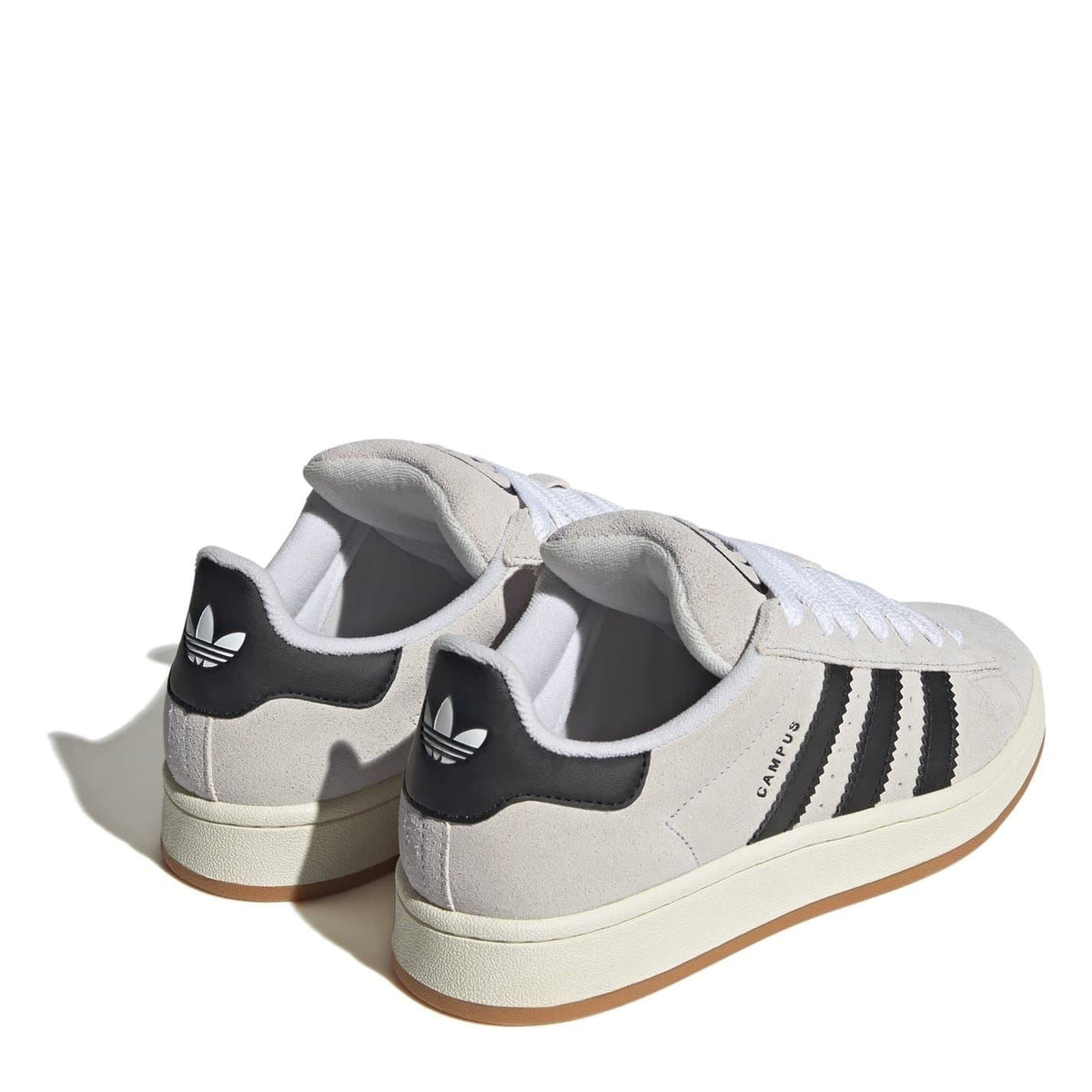 adidas Campus trainers rear view in light grey with black heel accents