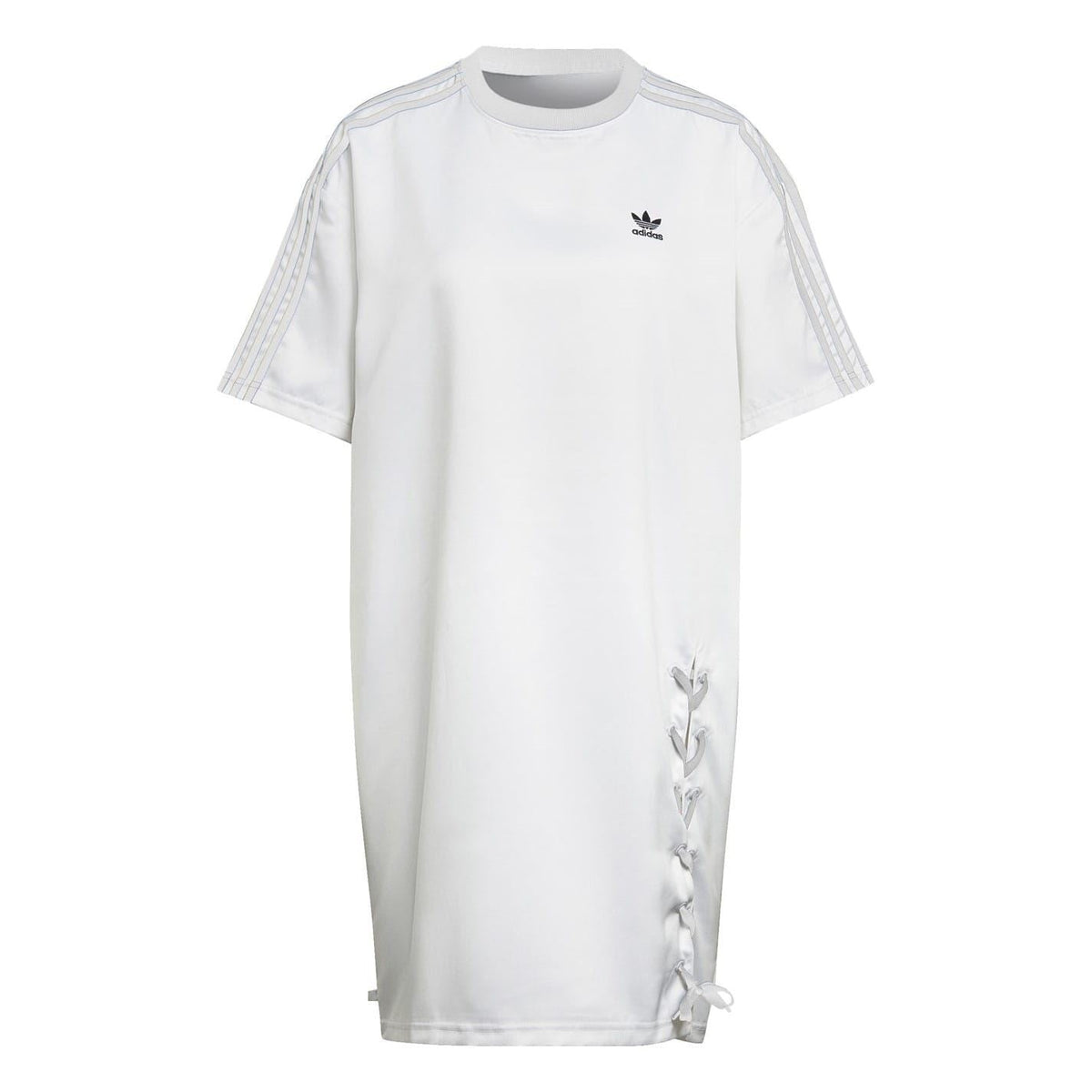 adidas Originals women's T-shirt dress in soft fabric, featuring a relaxed fit, short sleeves, and classic logo print.