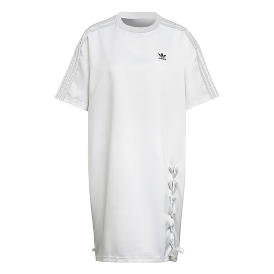adidas Originals women's T-shirt dress in soft fabric, featuring a relaxed fit, short sleeves, and classic logo print.