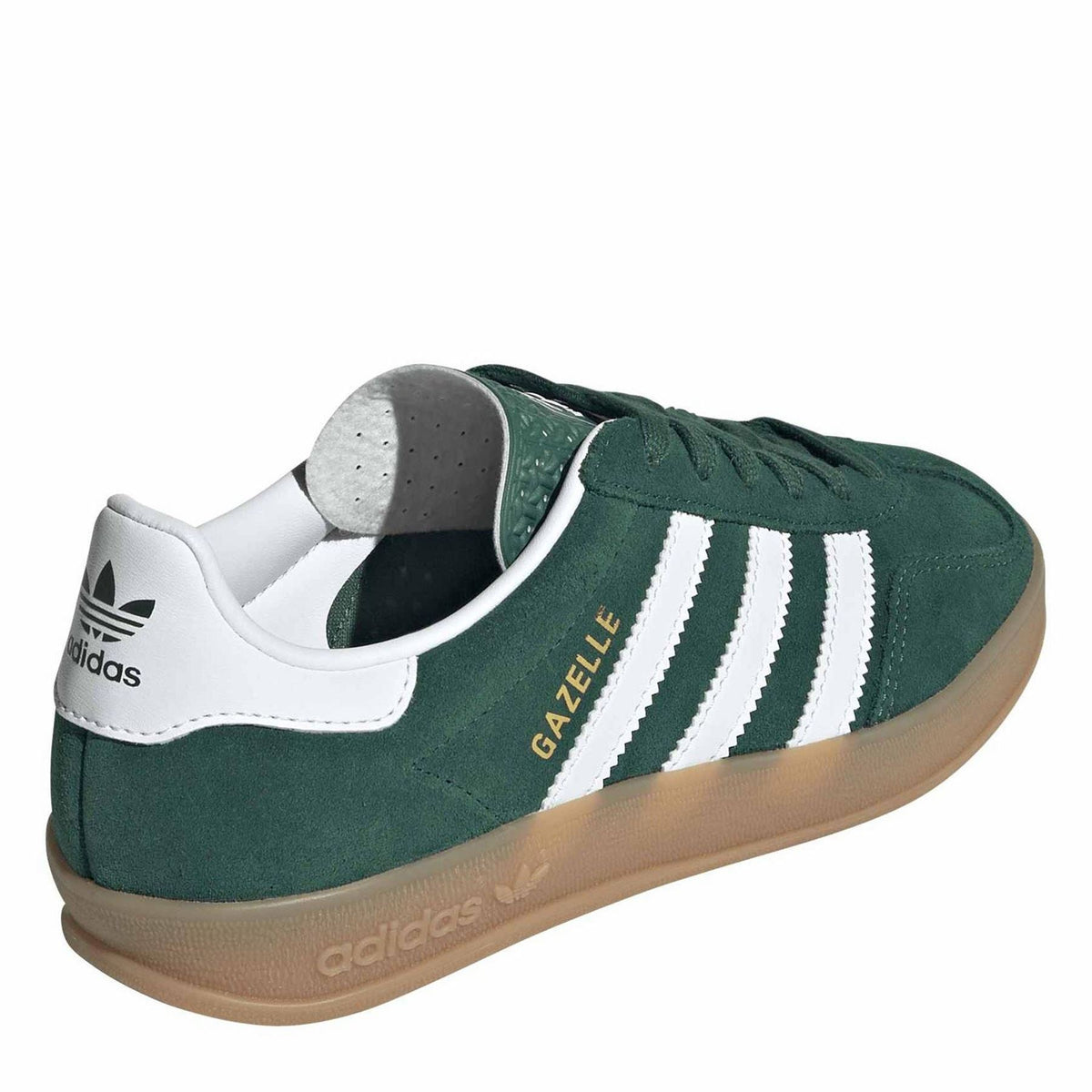 Adidas Originals indoor shoes with dark green suede, white stripes, and woven brand detail