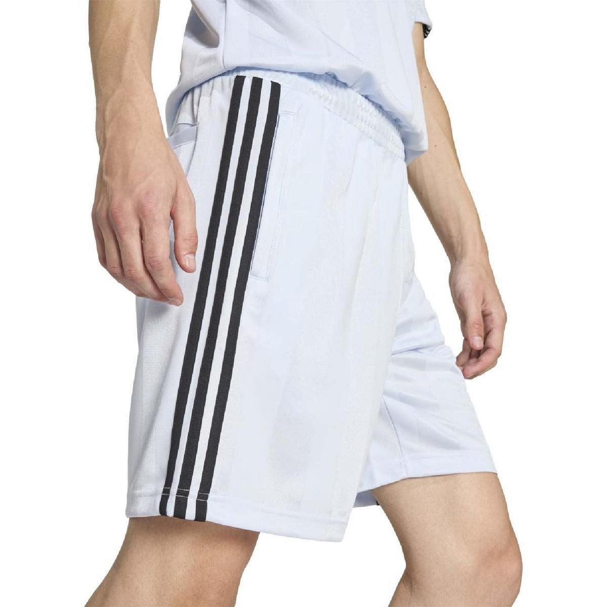 Light blue shorts with black vertical triple stripes on the side and stitched pocket opening
