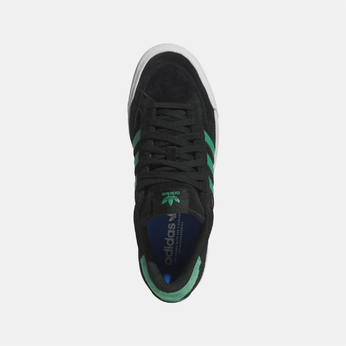 Black adidas Originals trainers with green logo on tongue and lace-up closure.