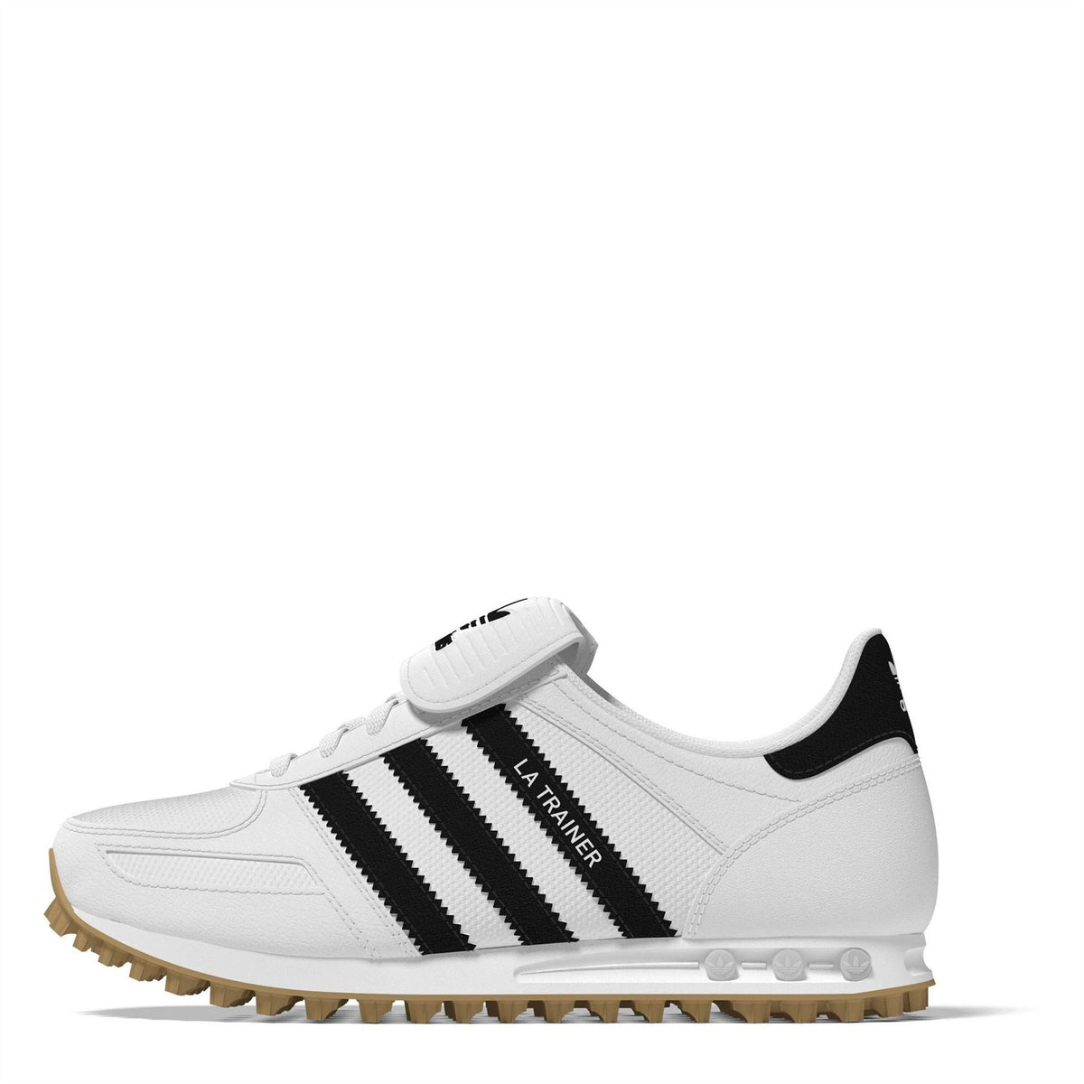 Juniors white lace-up sneaker with black three stripes and treaded gum sole