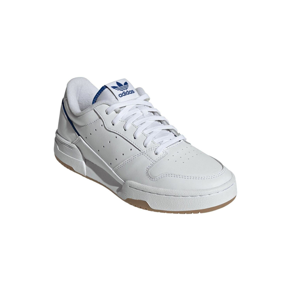 White lace-up trainers with adidas logo on tongue and blue heel lining detail.
