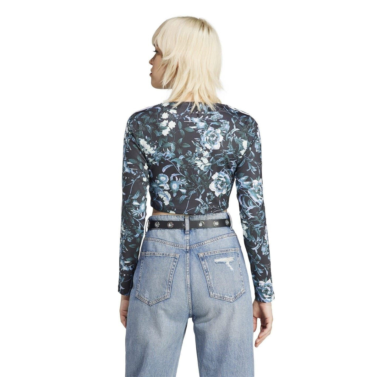 adidas Originals Flwr scoop neck cropped slim fit blouse, fitness and gymwear, shown on a model with a sporty background