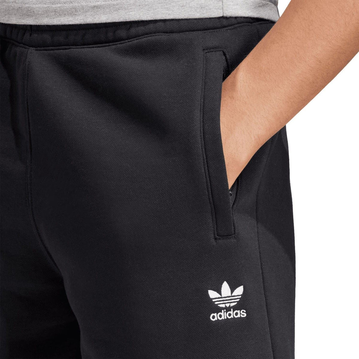 Black adidas Originals shorts close-up with adidas logo and side pocket