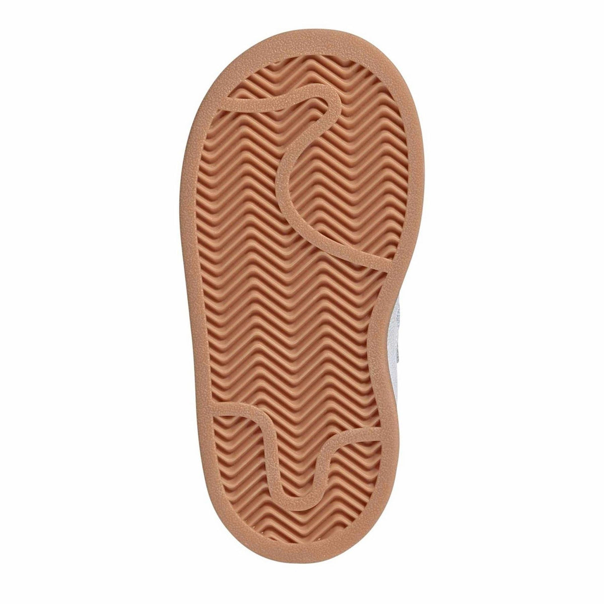 Infants’ light blue sneaker outsole with textured gum-brown tread pattern