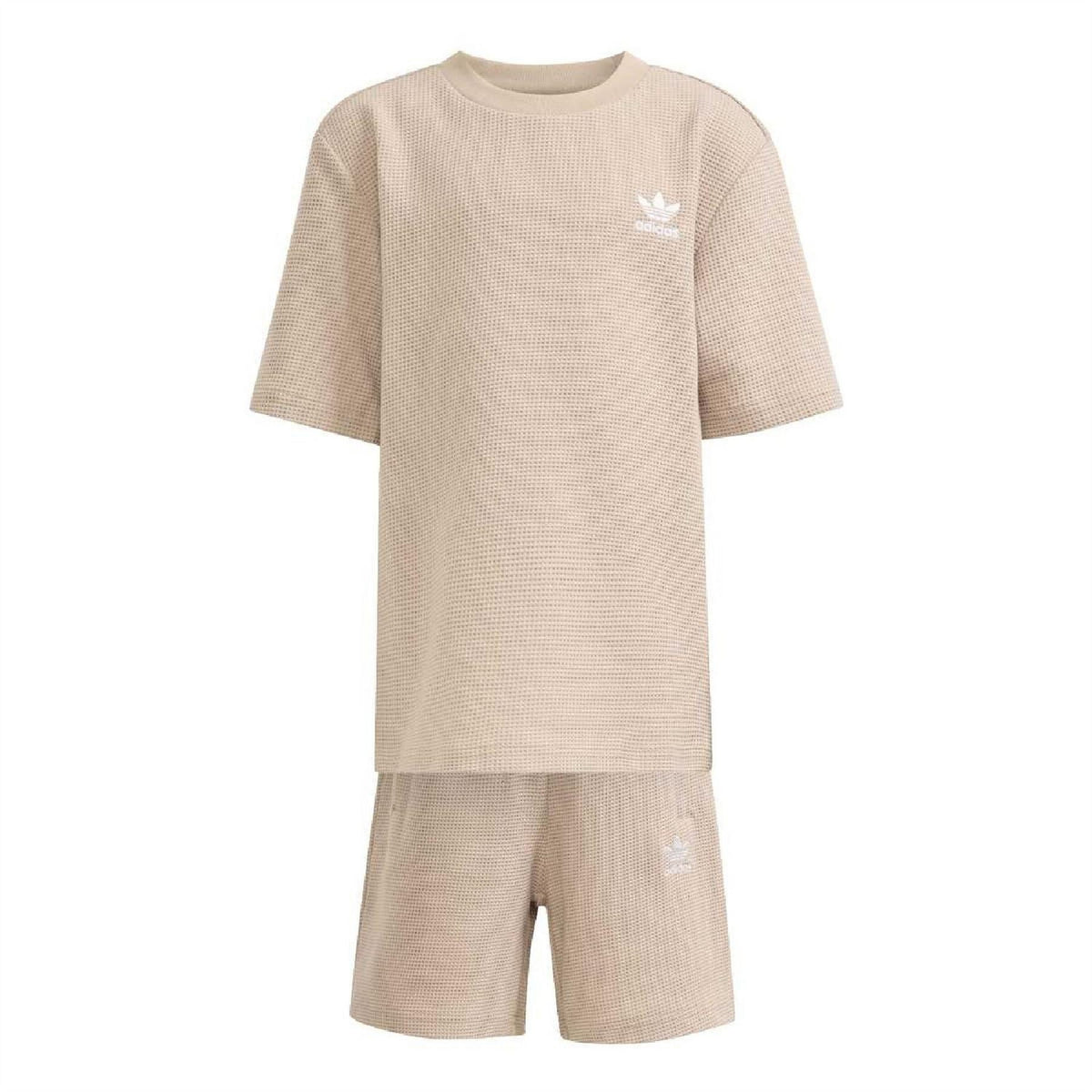 Infants' stone khaki waffle knit t-shirt and shorts set with adidas logo.