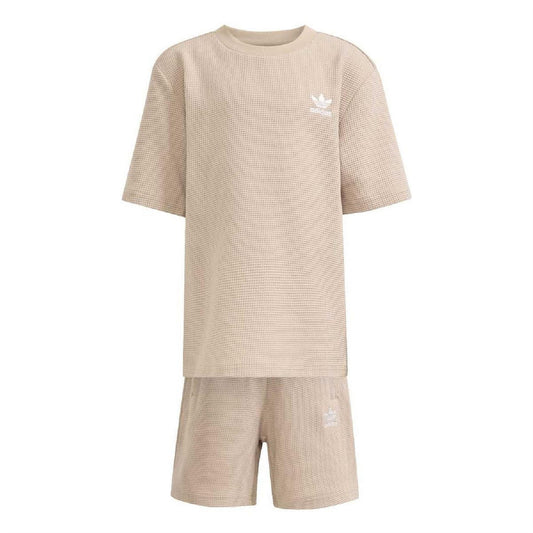 Infants' stone khaki waffle knit t-shirt and shorts set with adidas logo.
