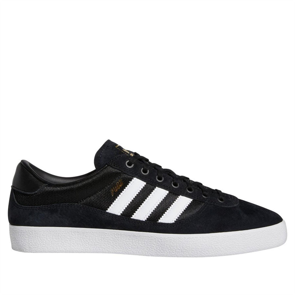 Black adidas Originals indoor trainer sneaker with three white stripes and white sole