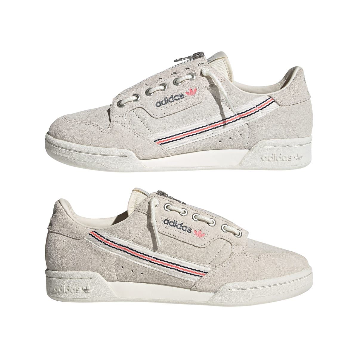 Pair of light beige suede adidas trainers with lace-up fronts and side stripe detail