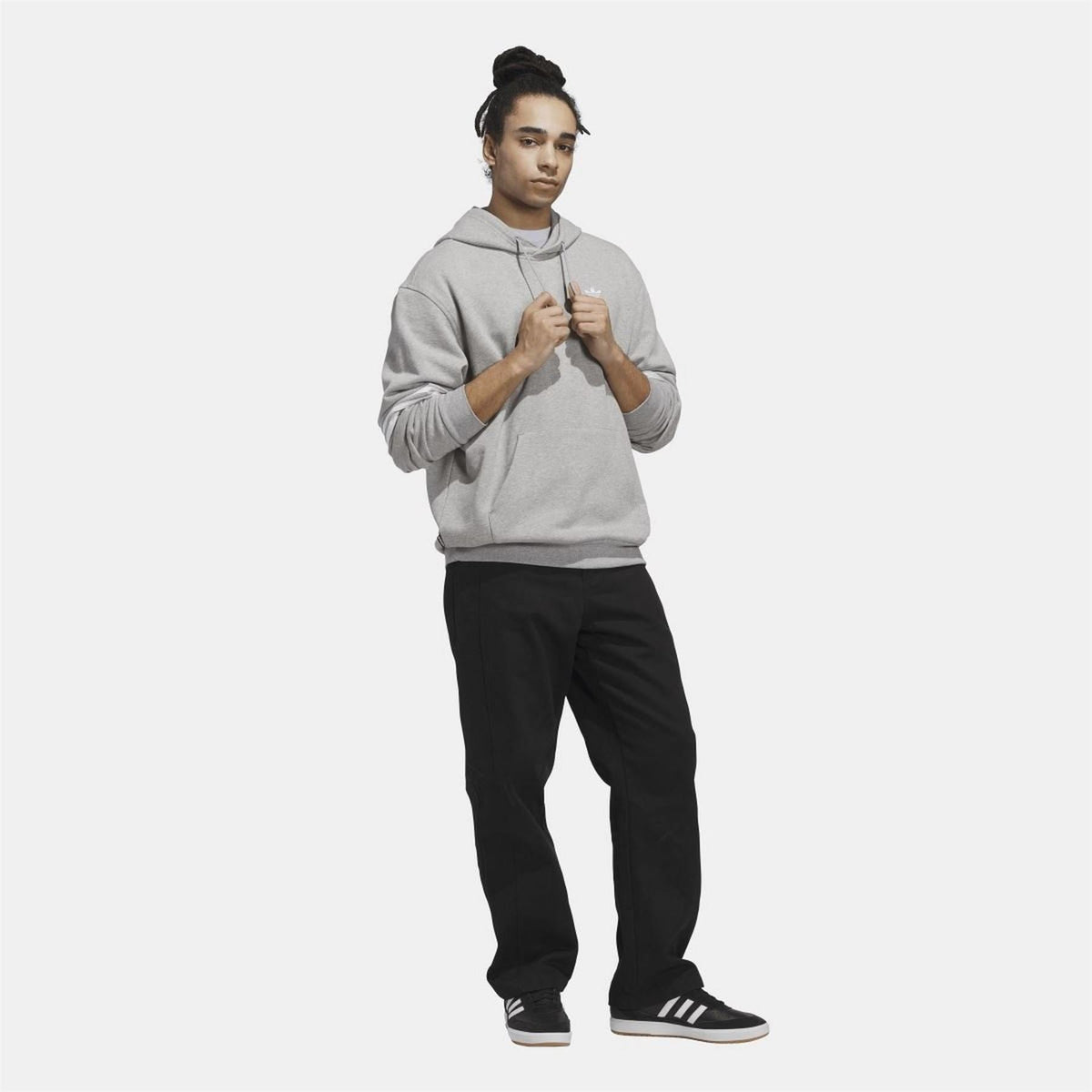 Grey adidas Originals hoodie with hood and kangaroo pocket, front view