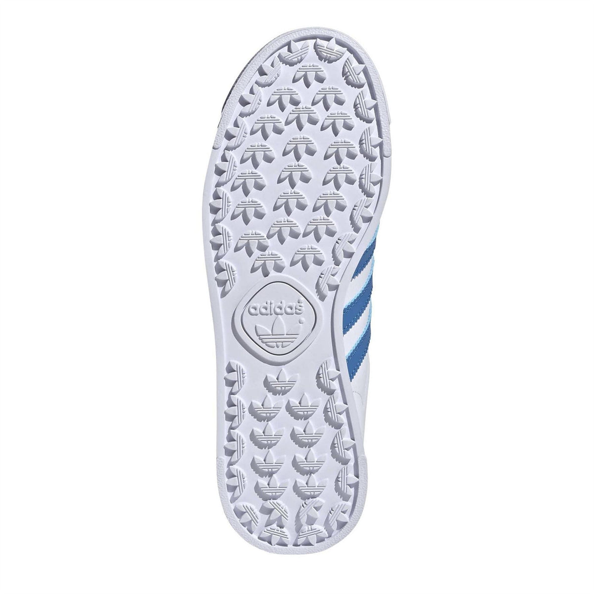 Juniors sneaker outsole view in white with blue side stripe and patterned tread