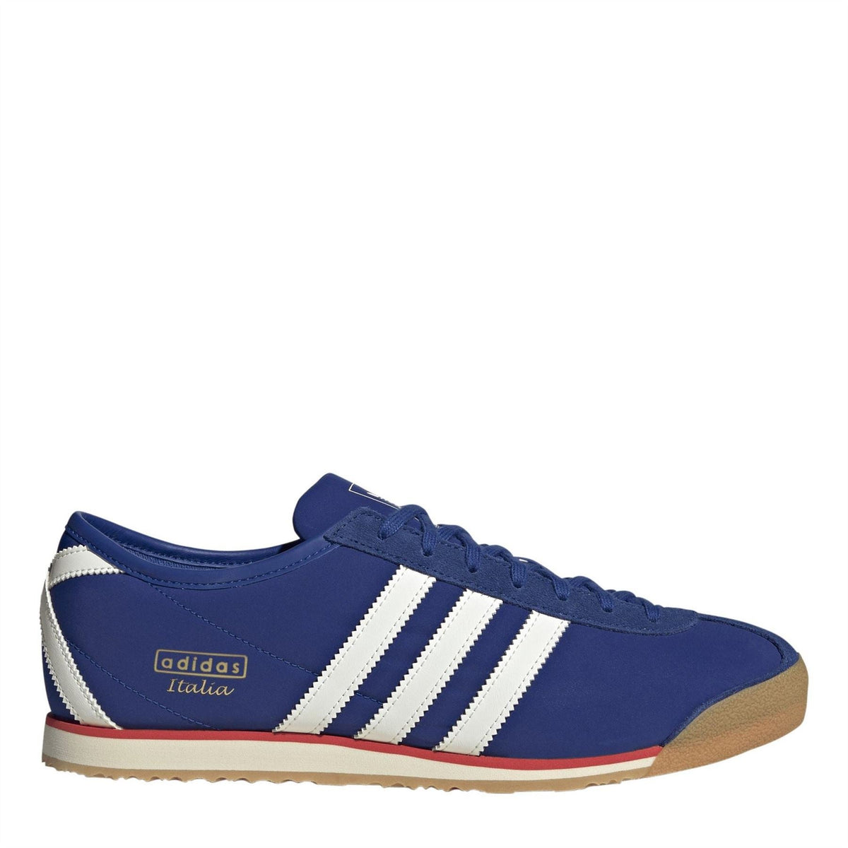 Men's low-top trainers in royal blue with white three-stripe design and gum outsole