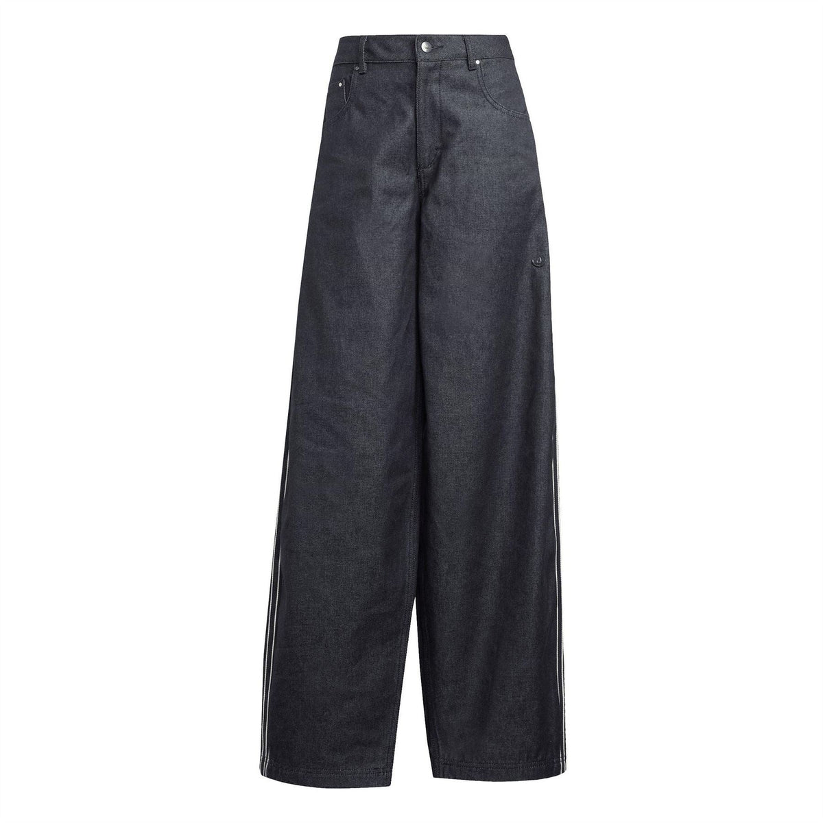 Indigo wide-leg jeans with front button closure and slanted side stripe detail