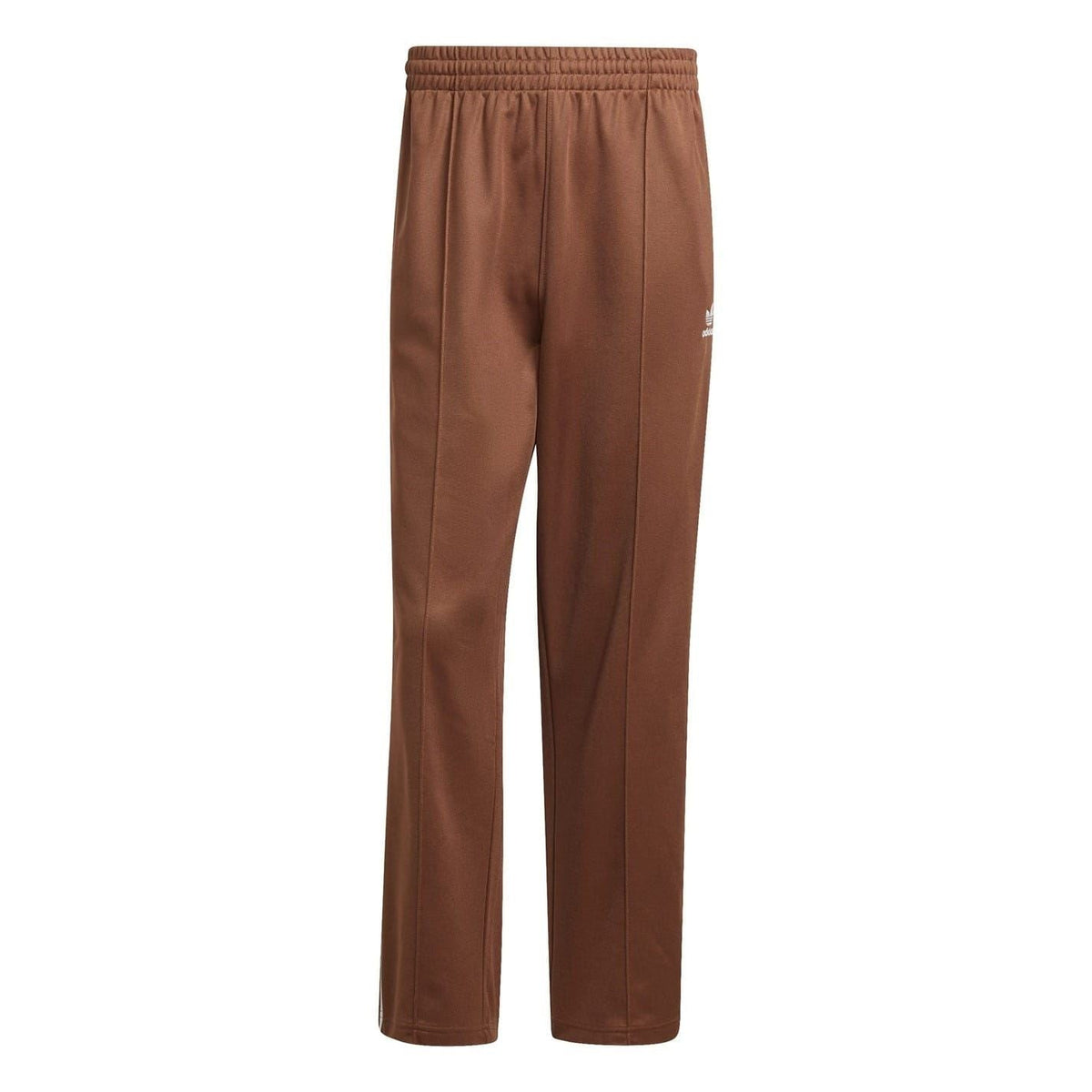 Brown track pants with elastic waistband, straight-leg fit, white triple side stripes