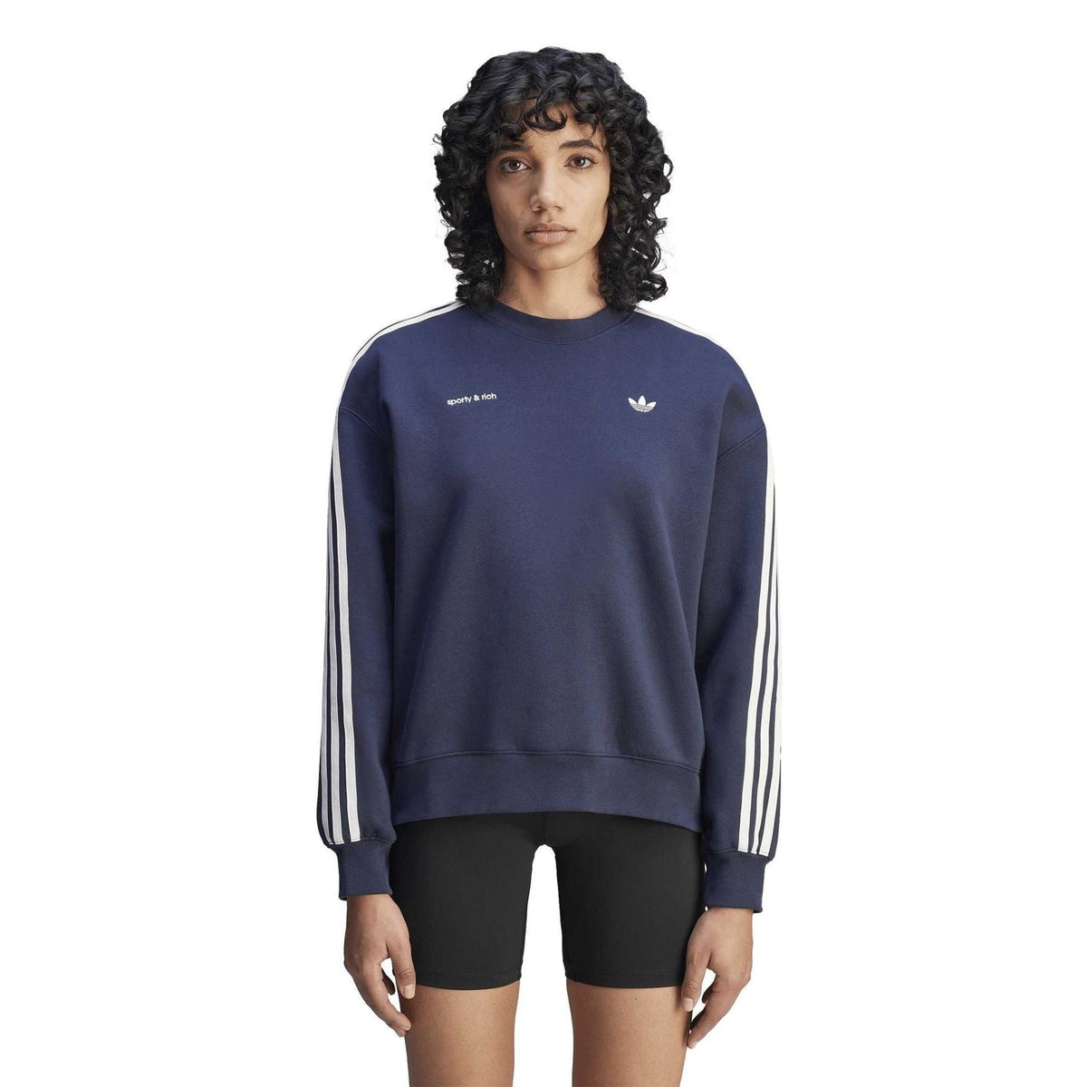 Navy crewneck sweatshirt with white triple stripe sleeves and chest logo detail