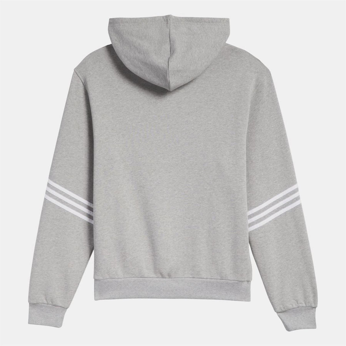 Grey adidas Originals hoodie, back view with hood and striped cuff details
