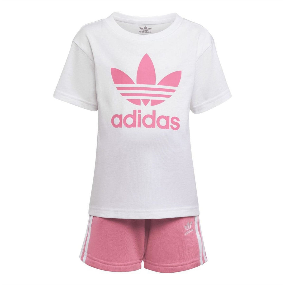 White and rose adidas T-shirt and shorts set with pink trefoil logo