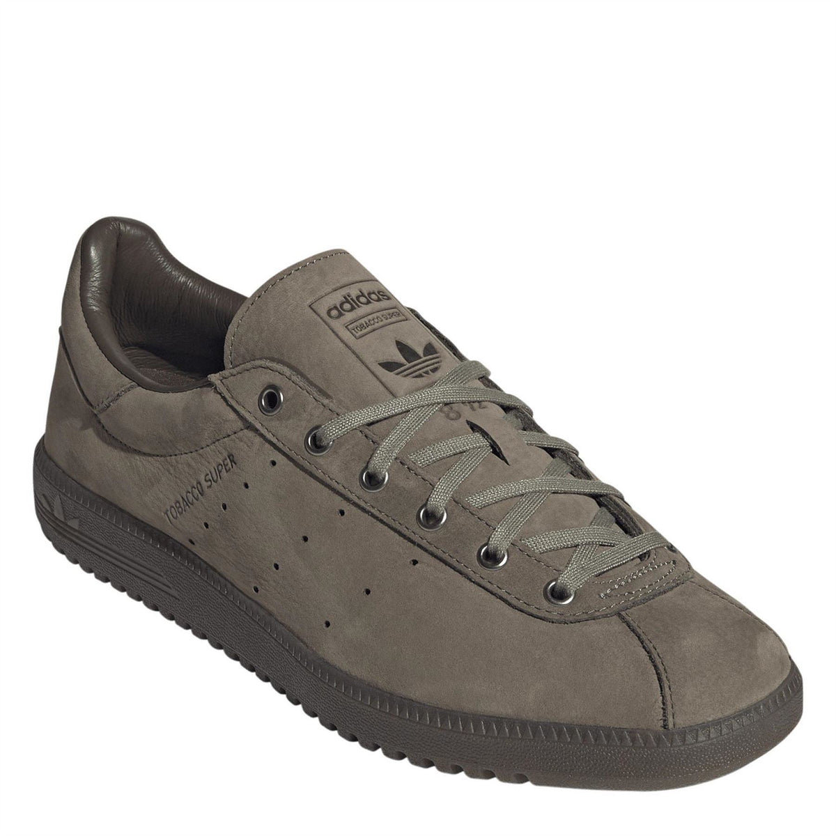 Dark brown lace-up low-top sneakers with adidas logo on tongue and suede-like upper