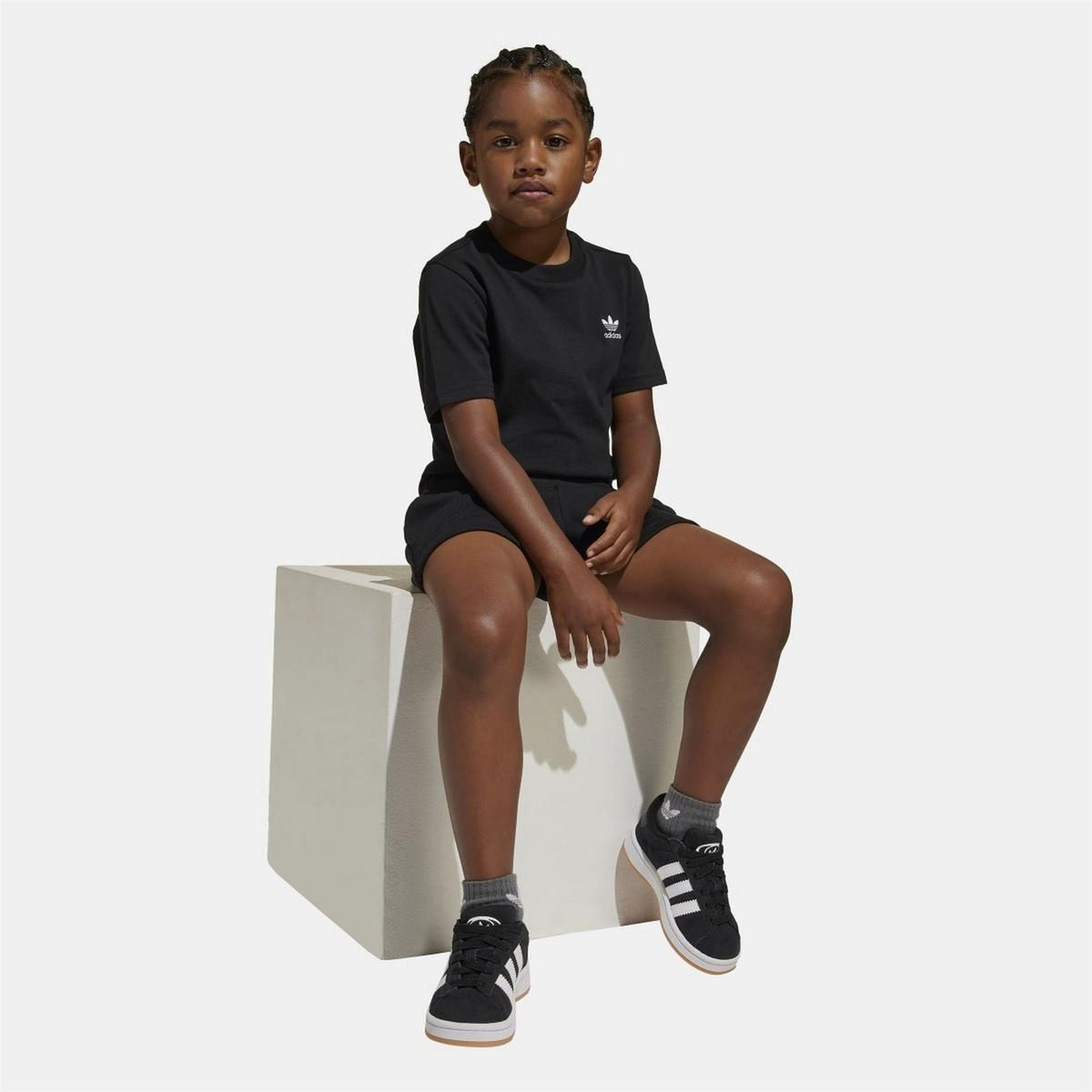 Black kids T-shirt and shorts set on model, short sleeves, elastic waist