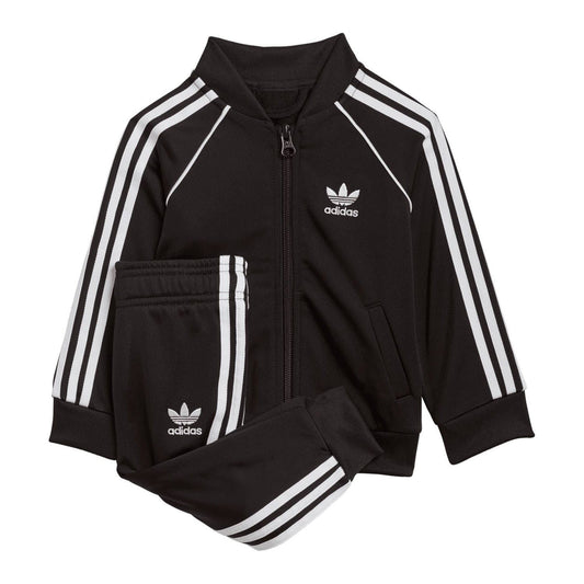 Infant black zip-up tracksuit jacket with white triple stripe sleeves and matching pants