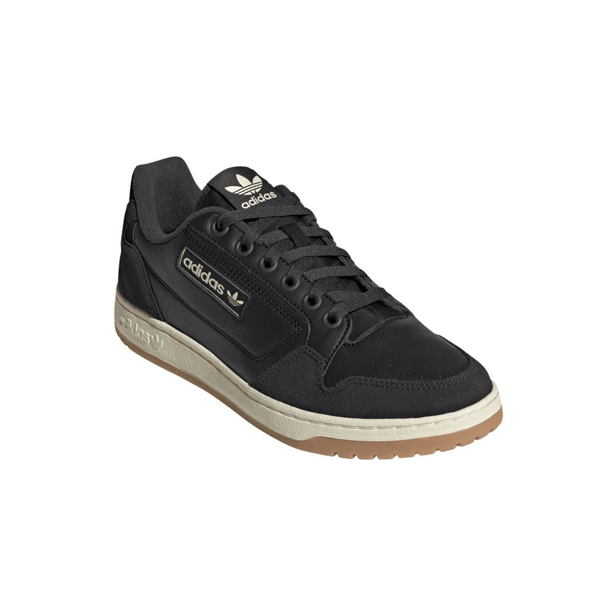 Black adidas trainers with lace-up front, side logo details, and gum outsole